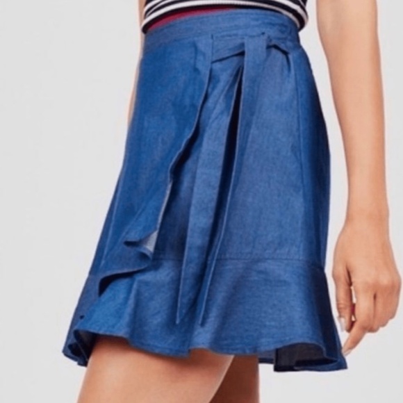 BCBGENERATION Wrap Ruffle Chambray Front Tie Blue Denim Skirt - Size Large - Picture 2 of 5